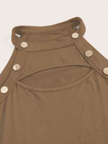 Chiquease 性感无袖纽扣镂空圆领黑色修身开衩长款紧身俱乐部连衣裙，休闲风格超长女装 - 卡其色 - 查看 5