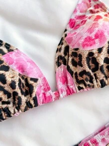 SHEIN Leap Crew Teen Girl Leopard Print Spaghetti Strap Tank Top And Matching Leopard Print Bikini Swimsuit Set, Summer Holiday - Pink - View 5