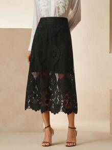 Anewsta Elegant Ladies' Lace Hollow Out Skirt Maxi Skirt - Black - View 1