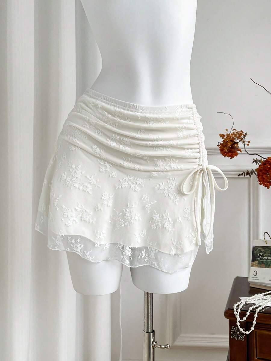 Sweetra 女士花卉蕾丝侧抽绳时尚短裙 - 杏色 - 查看 1