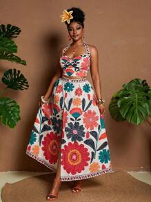Maweii Große Größen Halter Tropical Muster Top & Rock 2-teiliges Set, lässige Strandresort Kleidung für den Sommer - Verschiedenfarbig - Übersicht 3