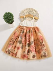 Young Girl Floral Print Mesh Panel Spaghetti Strap Vacation Dress