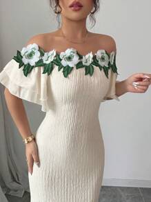 Modelyn 1 件女式露肩花卉刺绣网眼拼布连衣裙