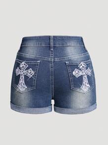 Teen Girl Summer New Arrival Embroidered & Rhinestone Decor Vintage Wash Elastic Denim Shorts - Dark Wash - View 3