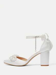 CUCCOO HITCHD 女士仿珍珠蝴蝶结尖头粗跟高跟鞋，优雅甜美白色缎面新娘高跟鞋，圣诞节婚礼派对新娘鞋 - 白色 - 查看 2