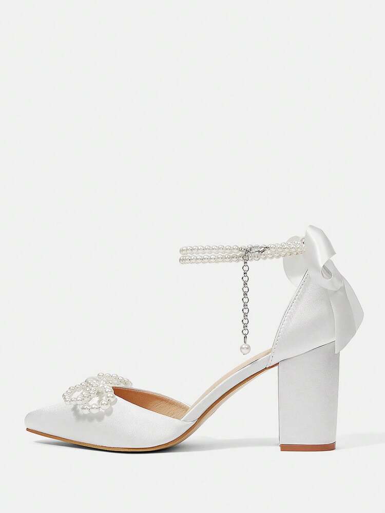 CUCCOO HITCHD Women's Faux Pearl Bow Knot Pointed Toe Chunky High Heel Wedding Elegant Sweet White Satin Lady's Bridal High Heels, Wedding Party Bride Shoes For Christmas Elegant Shoes Wedding Shoes Summer Shoes Bride Shoes