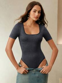 Anewsta 女士方领针织纯色水洗T恤无缝紧身衣 - 灰色 - 查看 3