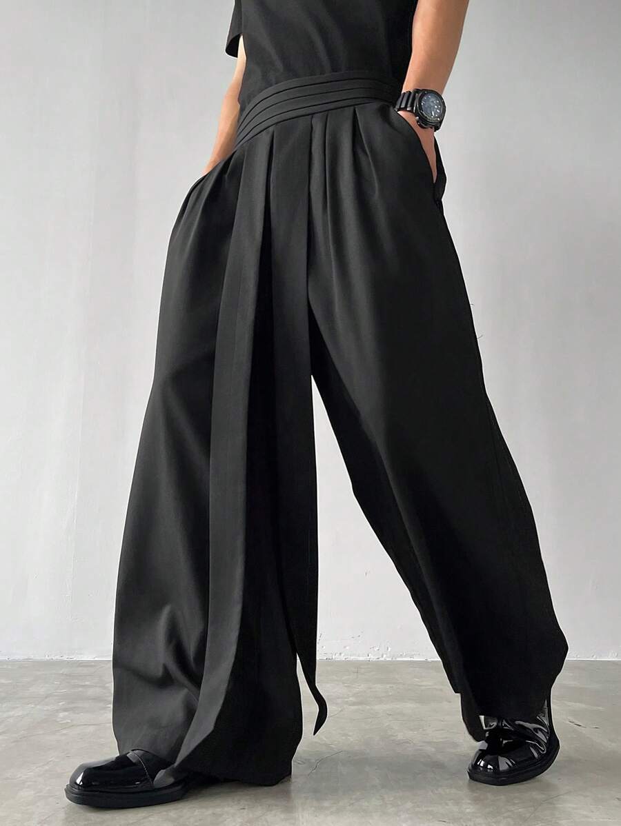 Manfinity Roghcode , 男士纯色褶皱口袋休闲时尚长裤, 阔腿, 宽松黑色裤子, 宽松裤子, 宽松正装裤男士, 男士阔腿裤 - 黑色 - 查看 1