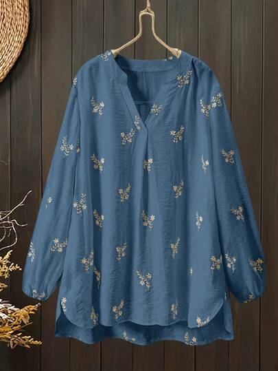 Lacomfia 刺绣圆领半开休闲宽松女式白色衬衫