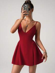 SHEIN ICON 纯红色迷你A字蓬蓬裙，性感优雅收腰深V领露背碎花连衣裙，适合约会和派对 - 酒紅色 - 查看 9