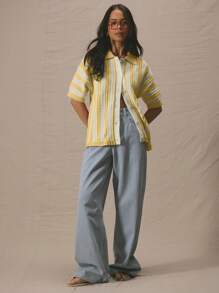 MUSERA Cardigan court à manches courtes, boutonnage traversant, épaules tombantes, style oversize rayé. printemps-été, idéal pour les vacances, la plage, l'aéroport, le quotidien chic - Jaune citron - Voir 4