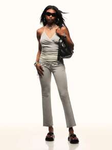 TypaGal Contrast Color Pleated Sporty Casual Skinny Yoga Pants - Grey - View 3