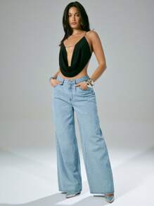 Denimoi Rhinestone Embellished Oversized Wide Leg High Waist Jeans - Light Wash - View 5