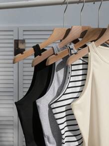 SHEIN EZwear 4 件套女士休闲黑白条纹纯色黑白杏色樱桃蝴蝶结印花图案百搭性感修身背心，适合夏季、度假、沙滩装 - 彩色 - 查看 4