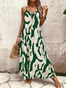 Breezaya Women's Printed A-Line Loose Vacation & Casual Sleeveless Dress - Green - View 7