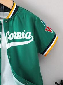 SHEIN Chico joven Camisa con estampado de letra ribete de rayas cuello béisbol & Shorts sin camiseta - Verde - Ver 7