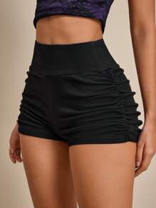 SHEIN EZwear Pantalones cortos de mezclilla casuales y versátiles con drapeado, de verano - Negro - Ver 3