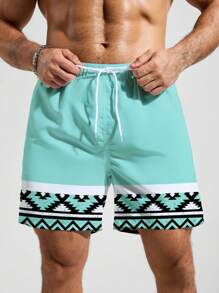 Manfinity Men's Geometric Print Drawstring Waist Pocket Beach Shorts, Hawaiian Men Beach Clothes Beach Wear For Men - Mint Blue - View 3