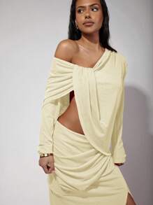 COSMINA Vestido de mujer elegante y sexy con cuello asimétrico, calado y abertura alta
