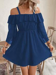 Chiquease 女士优雅休闲露肩袖夏季连衣裙度假沙滩装 - 寶藍色 - 查看 3