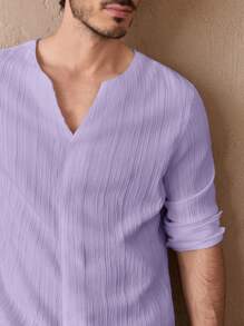 GENTILAND Men's Casual Woven Notched Solid Color Long Sleeve Purple Shirt