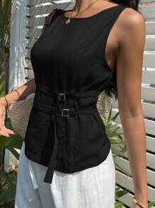 SHEIN EZwear 女式黑色梭织无袖背心，夏季 - 黑色 - 查看 3