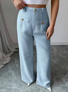 SHEIN PETITE Pantalones anchos de pierna ancha con textura de tejido de unicolor y hebilla de metal, moda para ir y venir a la oficina, pantalones versátiles para mujer, ropa de verano y otoño para mujeres - Azul - Ver 3