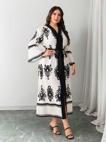 Modelyn Plus Size Women's Elegant Modest Dress: Long Sleeve, V Neck, Belted, Flared Hem, Black And White Floral Print Woven Fabric Maxi Dress - Multicolor - View 5