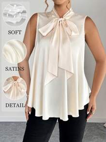 SHEIN Clasi Áo cánh không tay màu trơn cổ nơ rộng thanh lịch cỡ lớn cho nữ, thích hợp mặc hàng ngày, đi làm, đi chơi và hẹn hò - Màu be - Xem 1