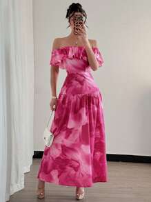 Elenzga Randomly Floral Pattern Elastic Waist Ruffle Hem Maxi Dress, Purple & Pink Tie-Dye Slim Fit Sleeveless Bohemian Holiday Dress For Women, Spring/Summer Elegant Suitable For Date, Travel, Graduation