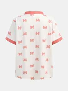 2 Stücke Set für Teenager Mädchen mit niedlicher Schleife, V-Ausschnitt Kurzarm T-Shirt mit Tasche und gerade geschnittener Hose als Loungewear Schlafanzug