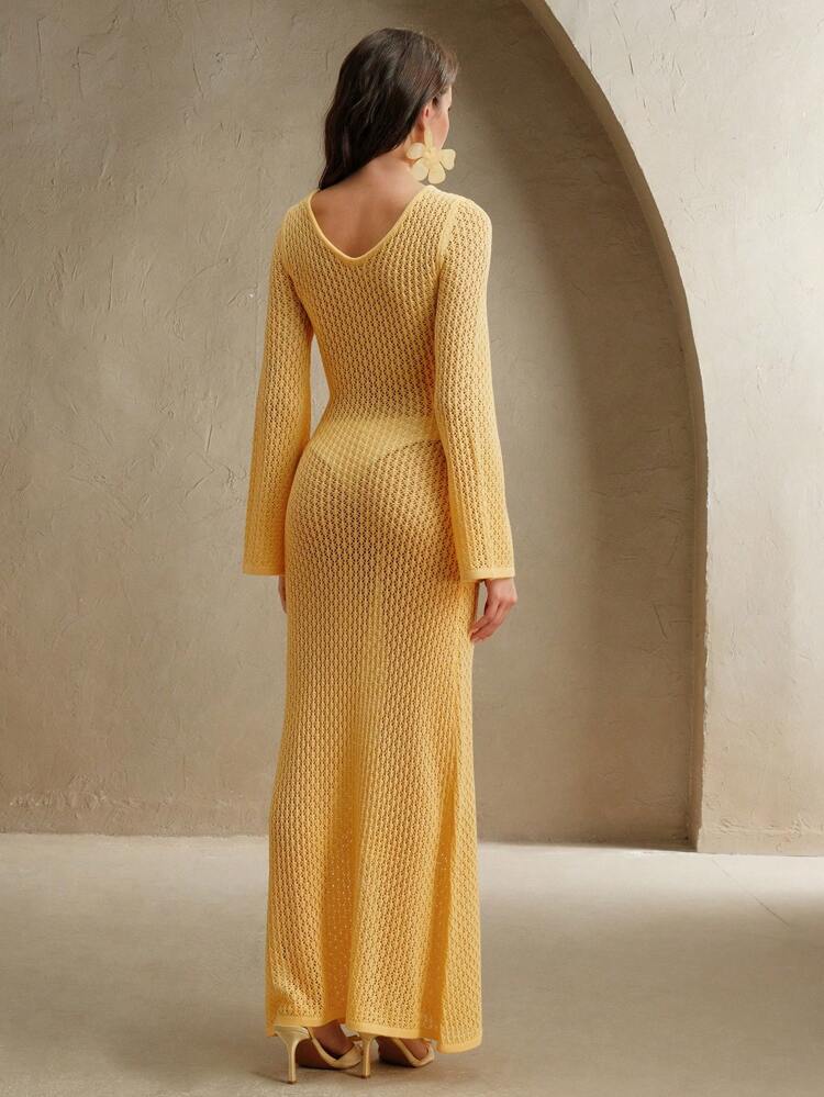Women Solid Color Hollow Design Long Sleeve Bodycon Dress For Summer Beach Vacation