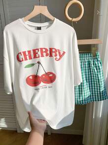 Comfortcana 全新夏季女式樱桃印花两件套日常穿搭 - 綠色 - 查看 7