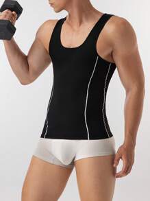 Men's Contrast Trim Sleeveless Compression Tank Top - Black - View 3