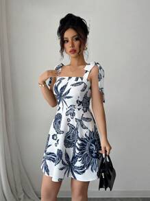 Elenzga Vestido mini de línea A de cintura ceñida con estampado abstracto elegante para mujeres