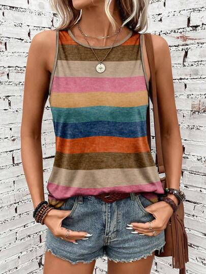 SHEIN LUNE Women Crew Neck Colorful Striped Tank Top, Suitable For Spring And Summer