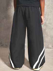 Coolane Tween Boys Summer Streetwear Loose Fit Baggy Nylon Pants With Side Tape Detail & Drawstrings,Seasonal Casual Drawstring Cargo Pants, Back-To-School Collegiate Style, Unlined,Graduation Pants,Parent-Child Clothing - Black - View 5