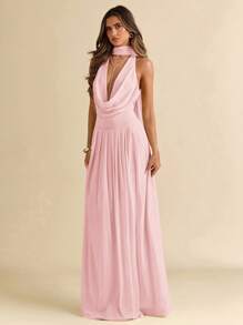 SHEIN BAE Women's Solid Color Mesh Plunging Neck Backless Ruffle Hem Sheer Dress, Sexy Vacation Style