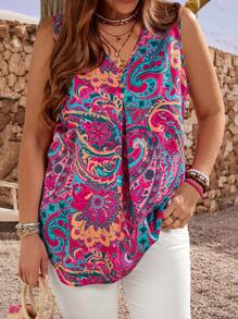 EMERY ROSE Áo kiểu không tay in hoa màu xanh dương dành cho nữ cỡ lớn, thích hợp cho kỳ nghỉ hè, du lịch nông thôn, nghỉ mát, đi biển, phong cách boho, áo họa tiết paisley cỡ lớn cho nữ, áo nhiều màu sắc cho nữ. - Nhiều màu - Xem 6