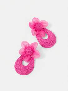 SHEIN SXY Raffia U-Shaped Floral Earrings, Suitable For Vacation Wear - Hot Pink - View 2