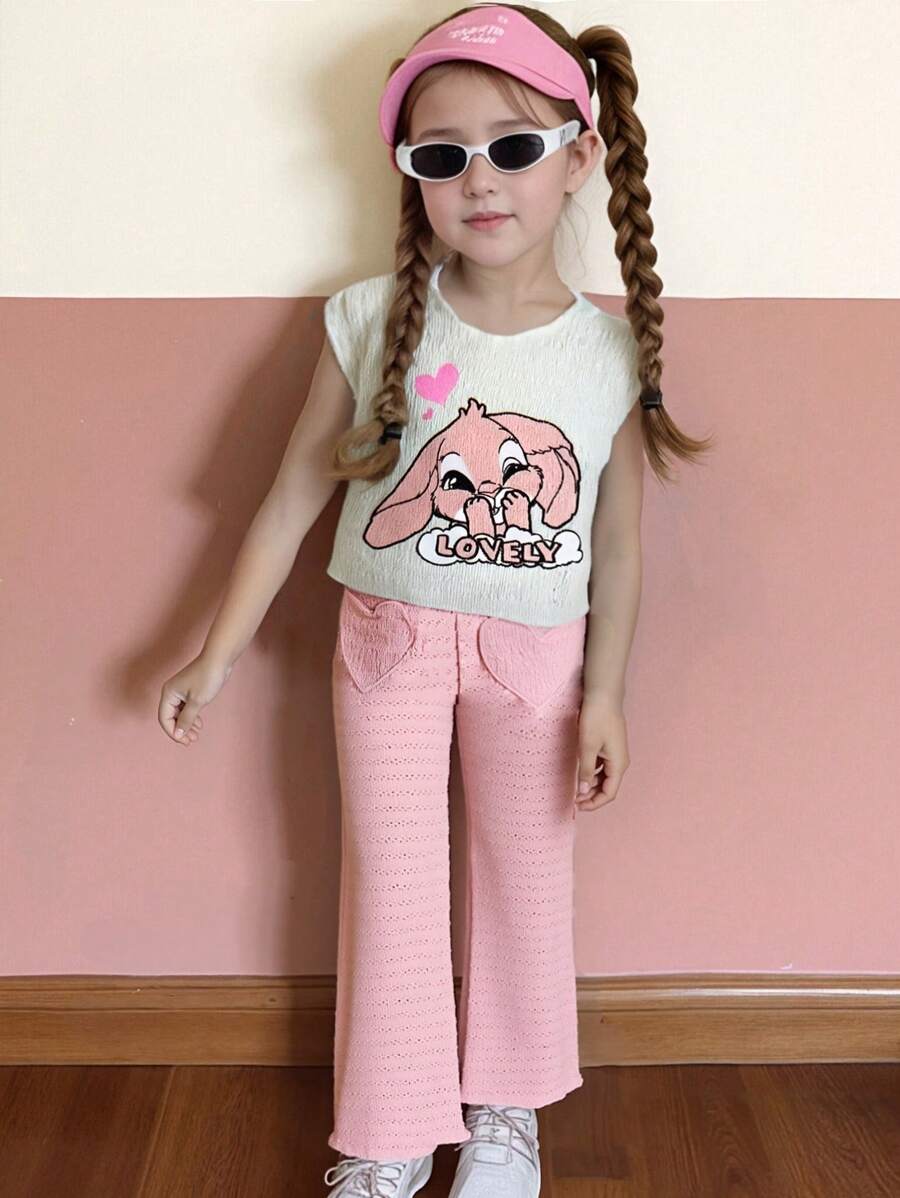 SHEIN 2pcs/Set Young Girls Casual Cute Cartoon Rabbit Embroidered Top And Pants Set, Fashionable Textured Fabric Suitable For 4-7Y Outdoor Activities, Holiday, Photo Shoot Spring/Summer - Pink - View 1