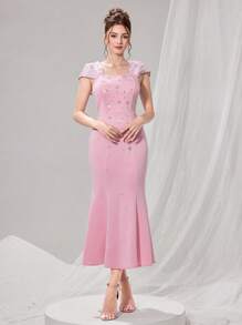 Poshira Women's Elegant French Style Pearl Embellished Mermaid Hem Fitted Dress, Slimming And Classy