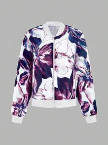 EMERY ROSE Women's Floral Print Long Sleeve Zip Front Bomber Jacket Fall Winter Cloth For Women - Multicolor - View 3