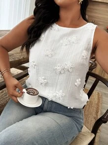 SHEIN Clasi Plus Size Women 3D Floral Decor Sleeveless Round Neck Fashion Blouse - White - View 4