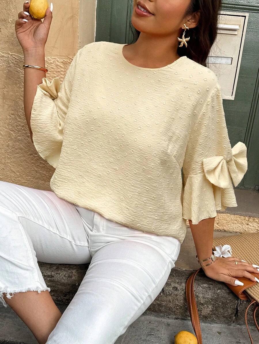 SHEIN LUNE Plus Size Women Summer Bell Sleeve Jacquard Textured Bow Blouse - Apricot - View 1
