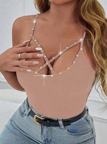 Zolique Women Solid Color Fashion Ribbed Rhinestone Hollow Criss-Cross Cami Top - Brown - View 3