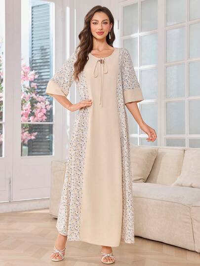 SHEIN Najma 女式圆领 3/4 袖拼布碎花休闲优雅波西米亚度假阿拉伯风格长裙，端庄