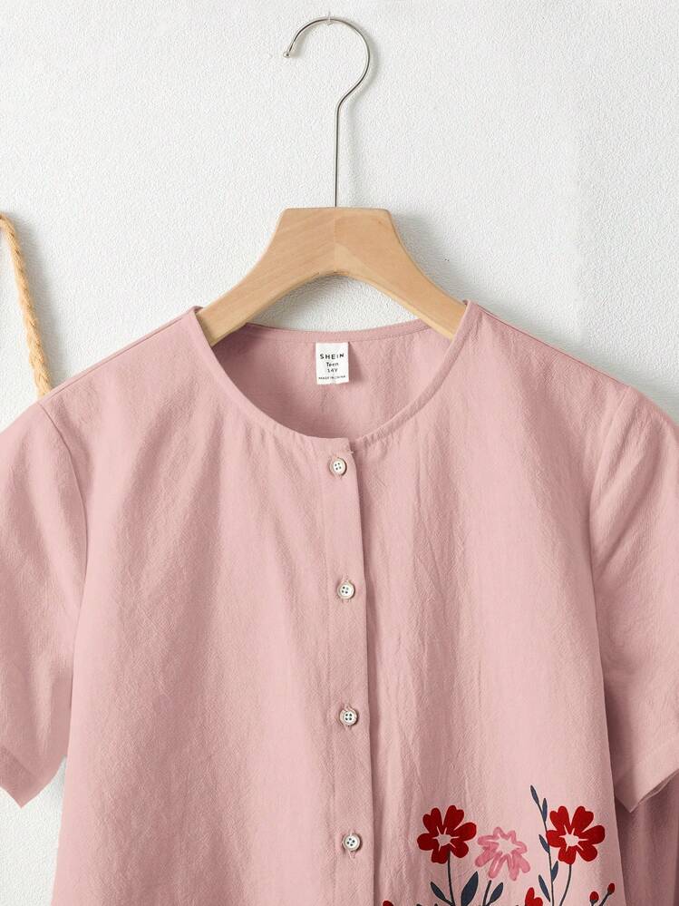 SHEIN Teen Girls Pink Floral Print Short Sleeve Shirt With Skirt, Pastoral & Holiday Style - Pink - View 3