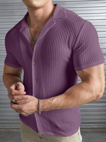 Manfinity VCAY Men's Casual Short Sleeve Shirt,Summer Breathable Textured Button Down Beach Top,Relaxed Fit Camp Collar Vacation Blouse,Vertical Pleated Travel Tee - Purple - View 4