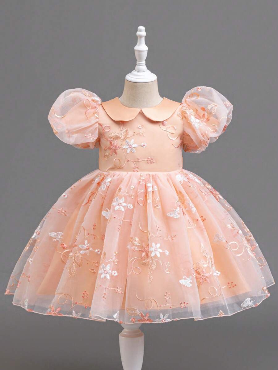 SHEIN Glamorique Kids 年轻女孩的花朵腰部蓬松派对连衣裙,网状泡泡袖优雅派对礼服 - 粉色 - 查看 1